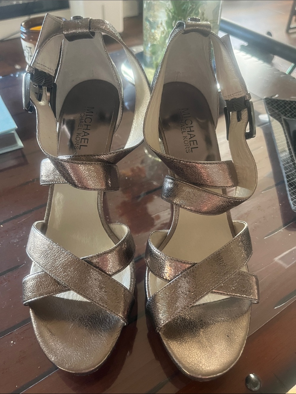MICHAEL Michael Kors Metallic Rose Gold Crisscross Ankle Strap Heels